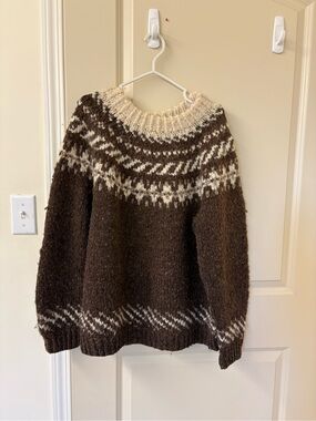 Chunky Wool Brown & Cream Nordic Yoke Sweater - Women